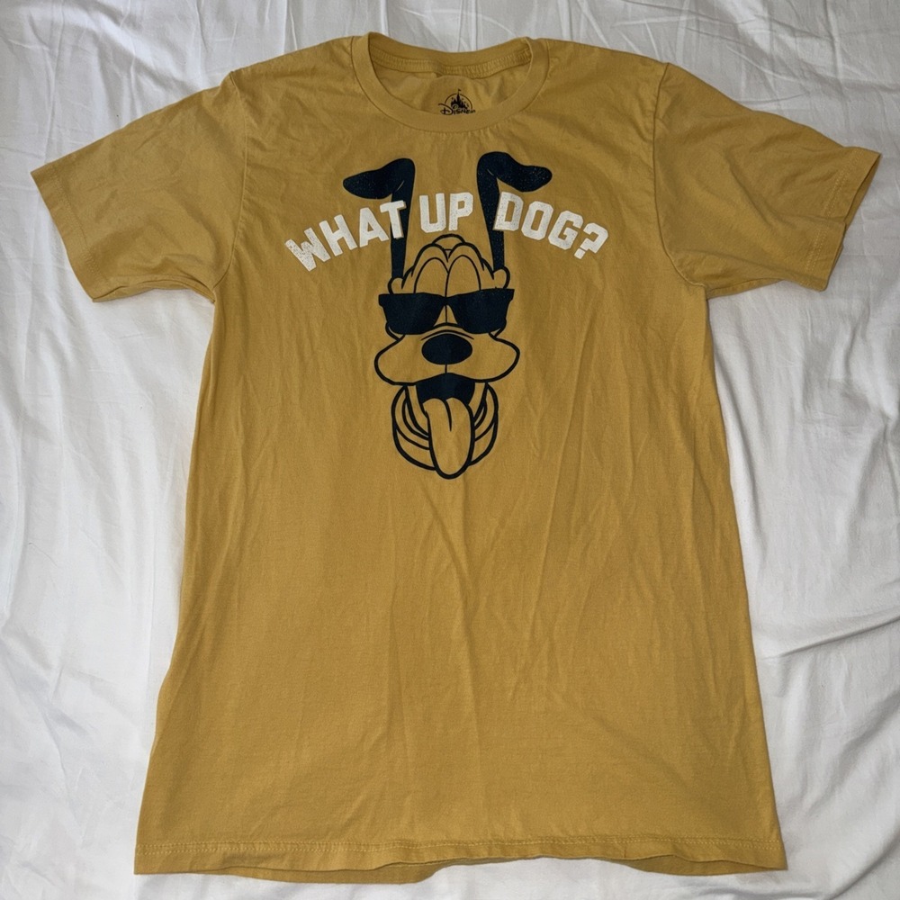 Disney Parks Pluto "What Up Dog" Shirt Unisex Yellow Gold Size S Small RN129855